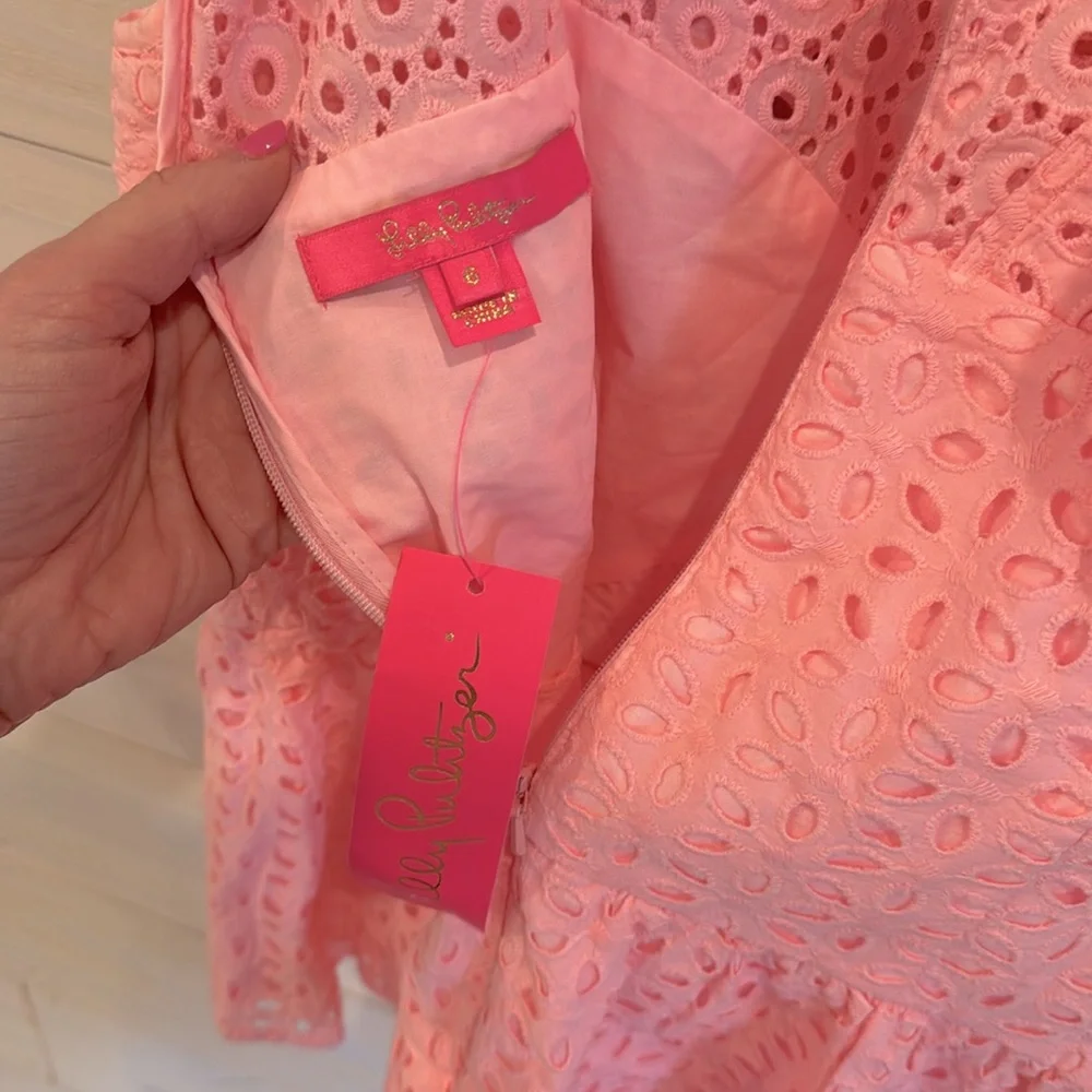 Lilly Pulitzer Diana Pink Eyelet, Pink Tropics Peplum Top, NWT - Picture 8 of 9